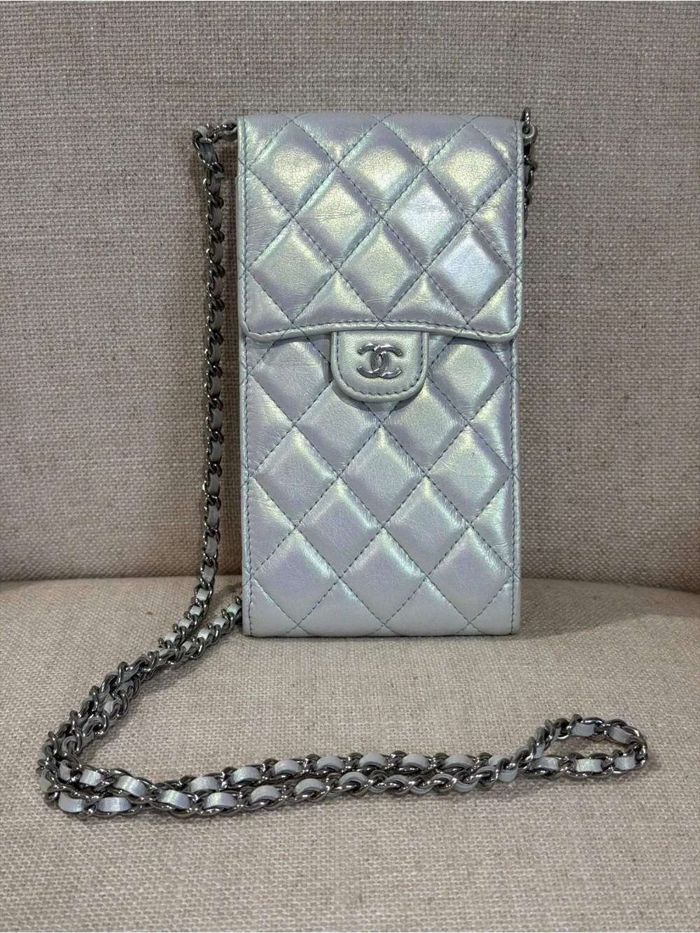 CHANEL Iridescent Quilted Silver Chain Phone Crossbody